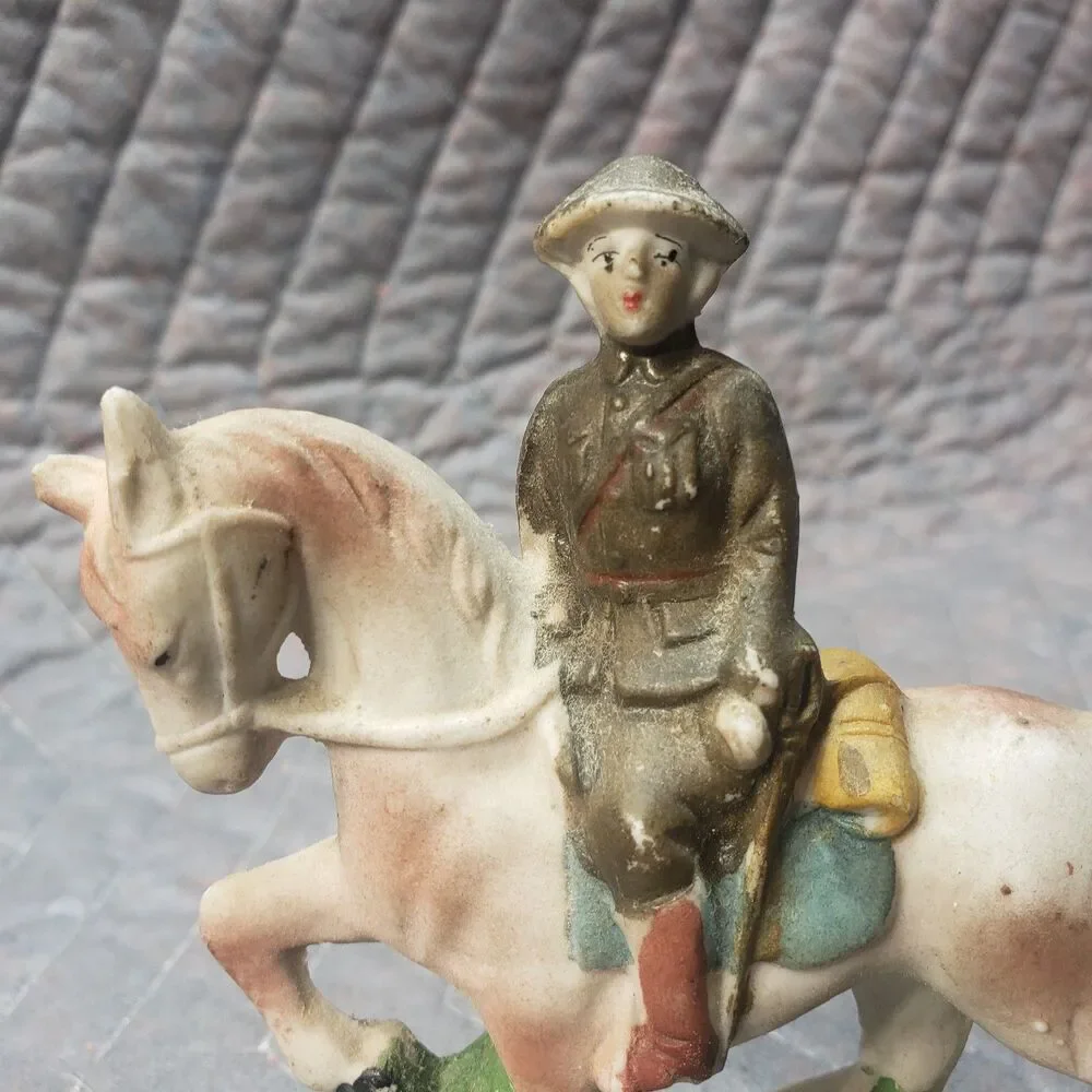 Vintage Made in Japan Bisque Cavalry Soldier Horse Figurine Military Decor 3.5